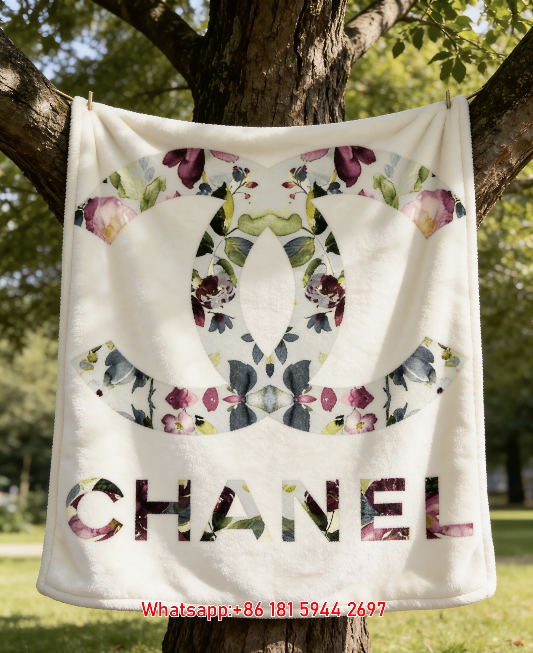 Chanel Watercolor Floral CC Logo Flannel Sofa Throw Blanket IMG_7023